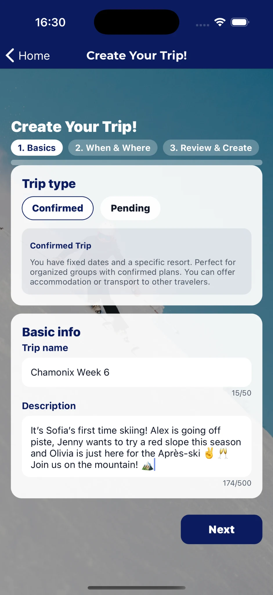 Create Your Trip in FrostLink, with steps for trip details, dates and destination