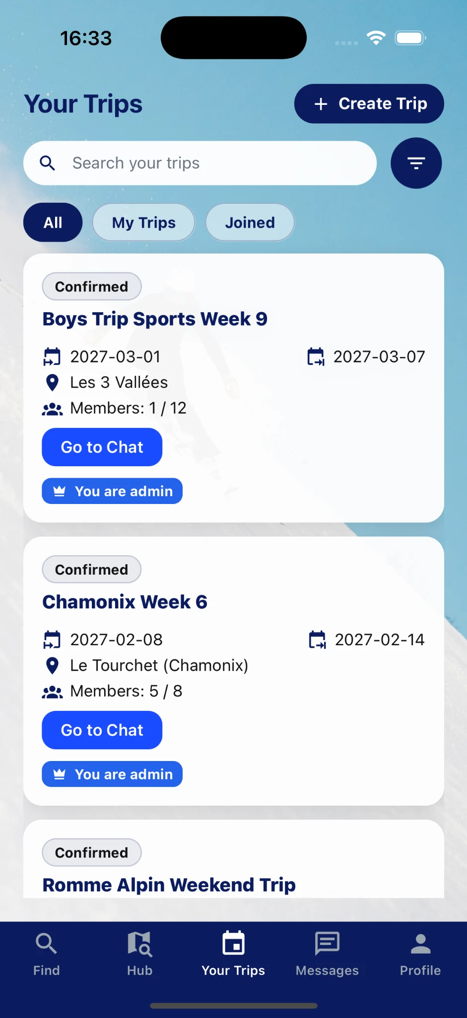 FrostLink’s Your Trips screen, with upcoming group trips and their chats